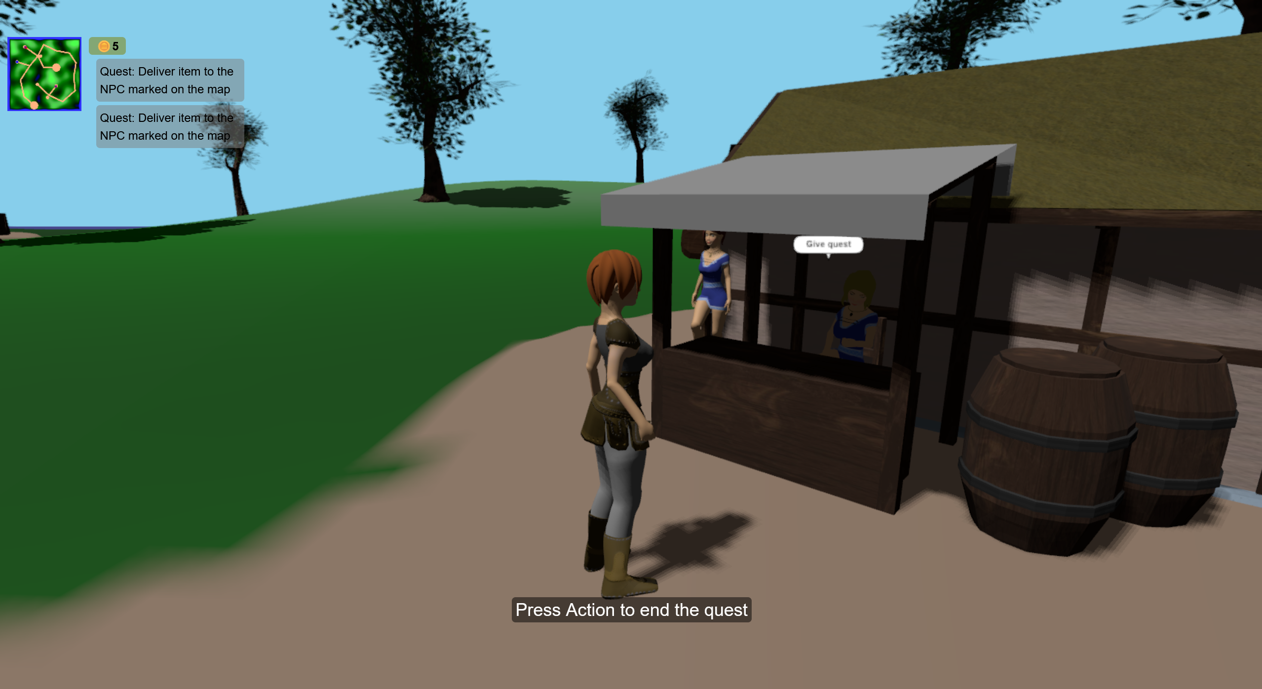 Image of the game with a minimap, quests, and gold count in the top-left corner