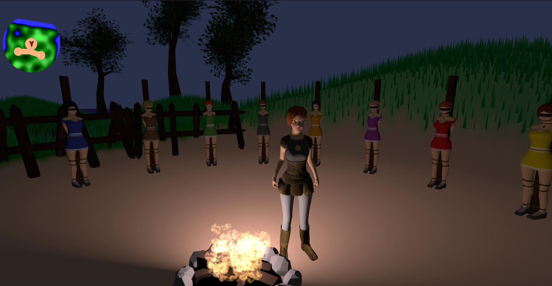 Image of a character near a campfire, it seems to be night, and other characters are tied on a circle around the campfire wearing dresses of various colors