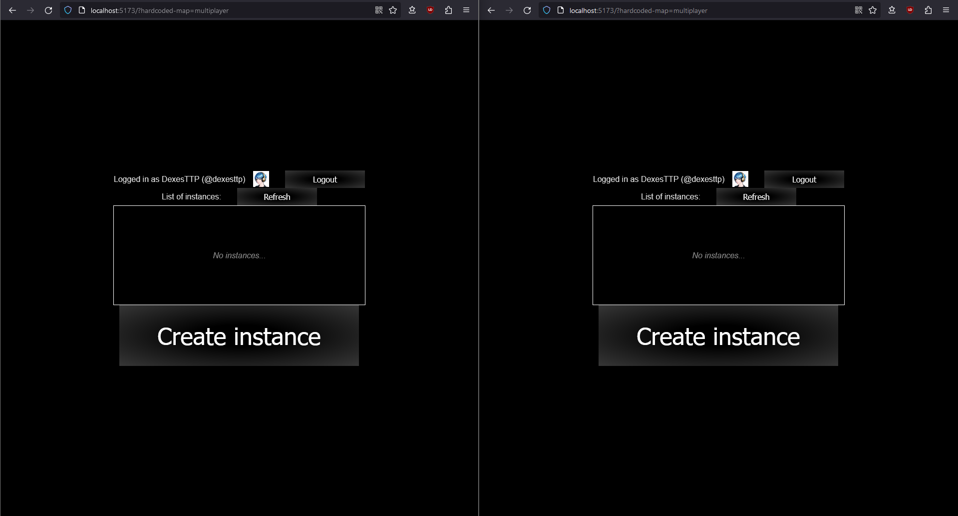 Image of two browsers both showing an empty menu to 'connect to an instance'