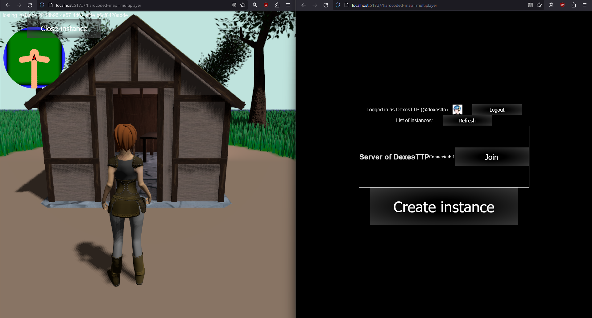 Image of two browsers, the first showing a character inside of a small outdoors map, and the second showing a menu to 'connect to an instance' with one instance available