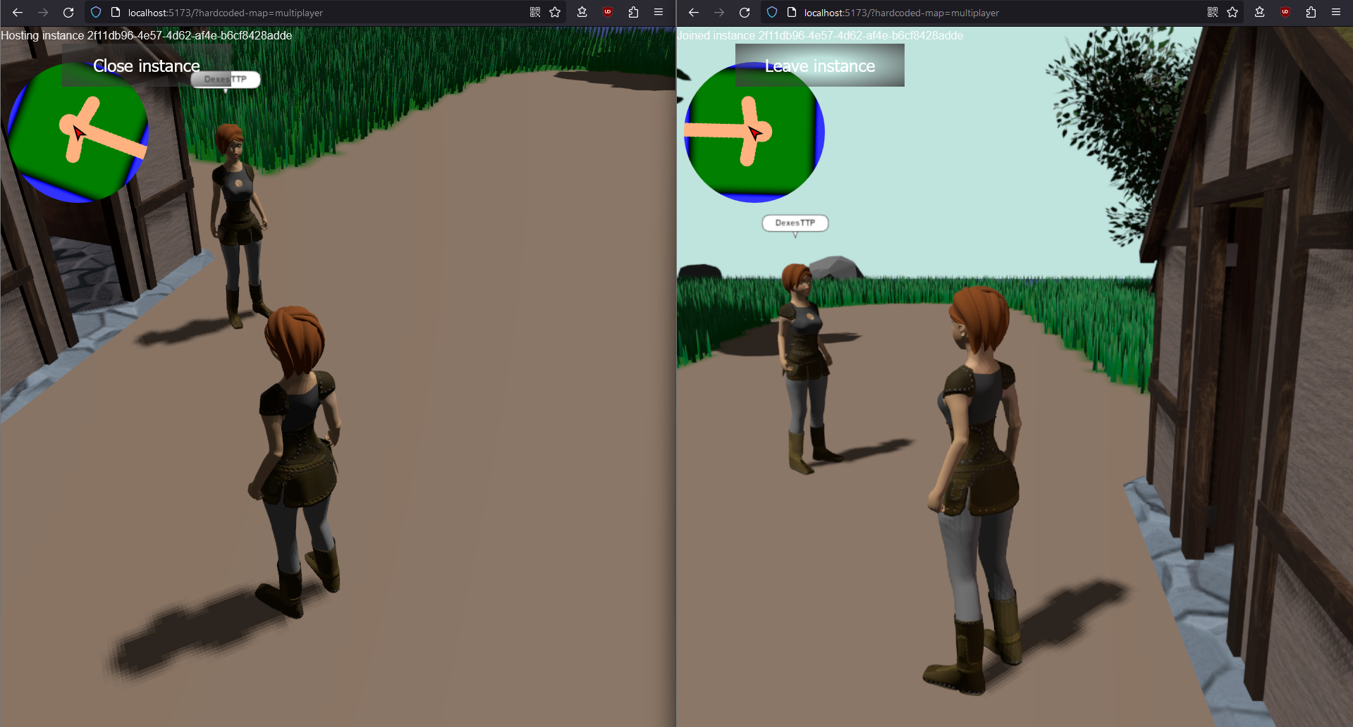 Image of two browsers, both with characters inside of a small outdoors map, looking at each other from different points of views