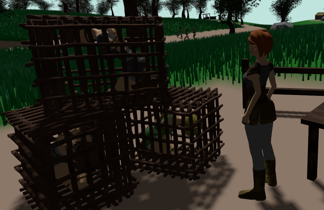 Image of three characters kneeling while tied in small cages made of wooden branches