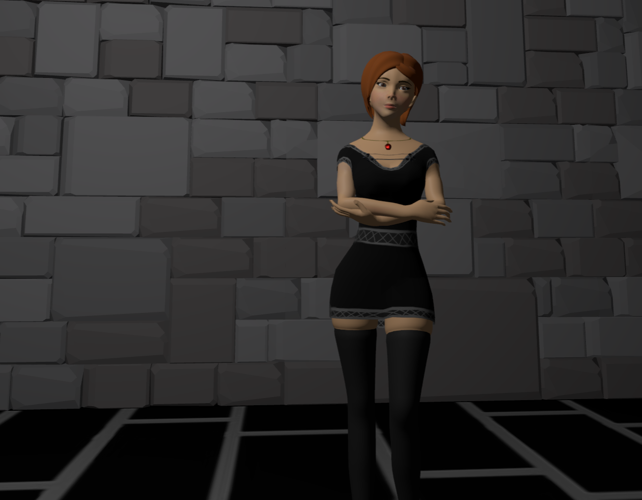 Screenshot of a character with arms crossed wearing a black dress and black thighhighs