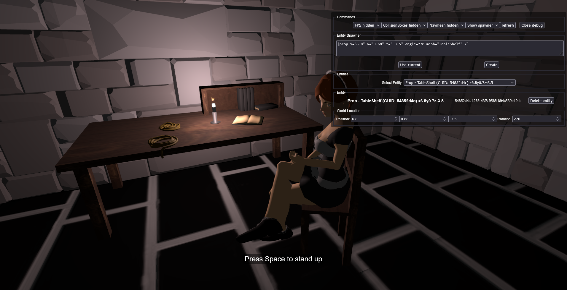 Image of the player sitting on a chair in front of a table with various props. The debug menu is open, and shows an option to create a new 