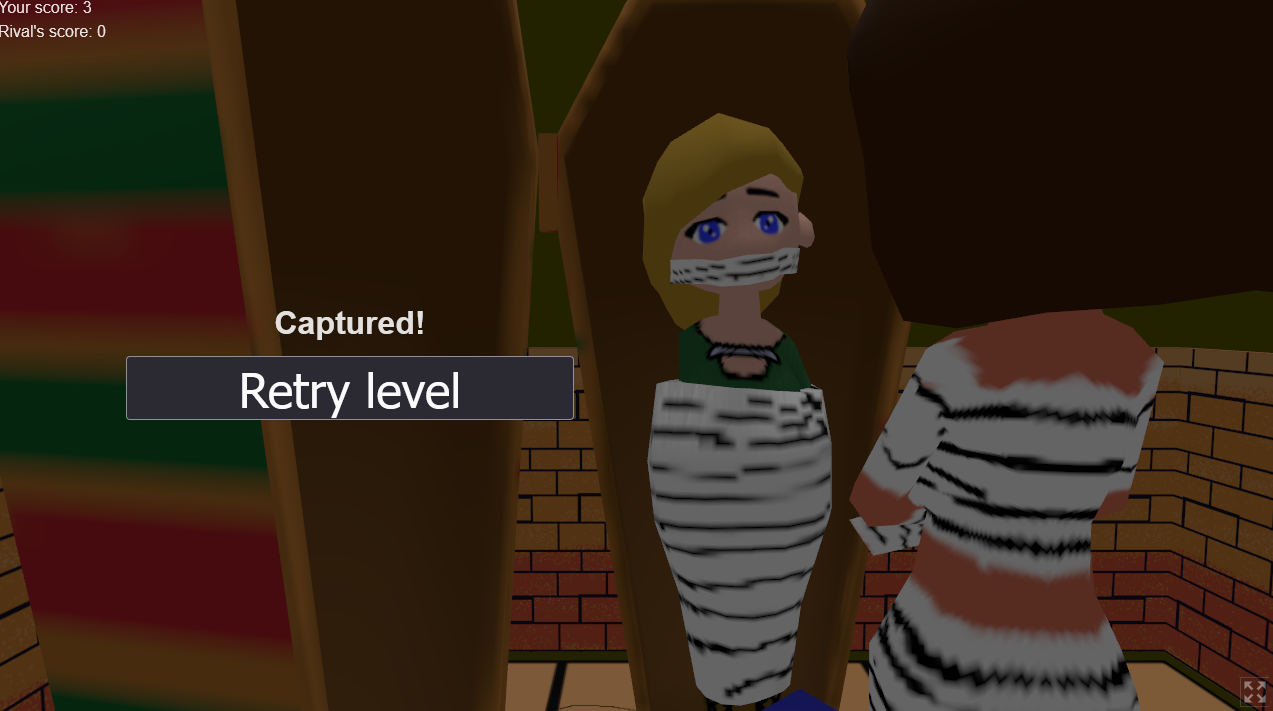 Screenshot of the game over in the Double Archeologists game, showing a character in a sarcophagus wrapped in bandages with a living mummy in front of her, arms crossed and watching her