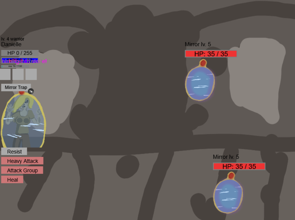 Screenshot of the original Adventurer's Journey game, with a single team member under the effect of being trapped in a mirror