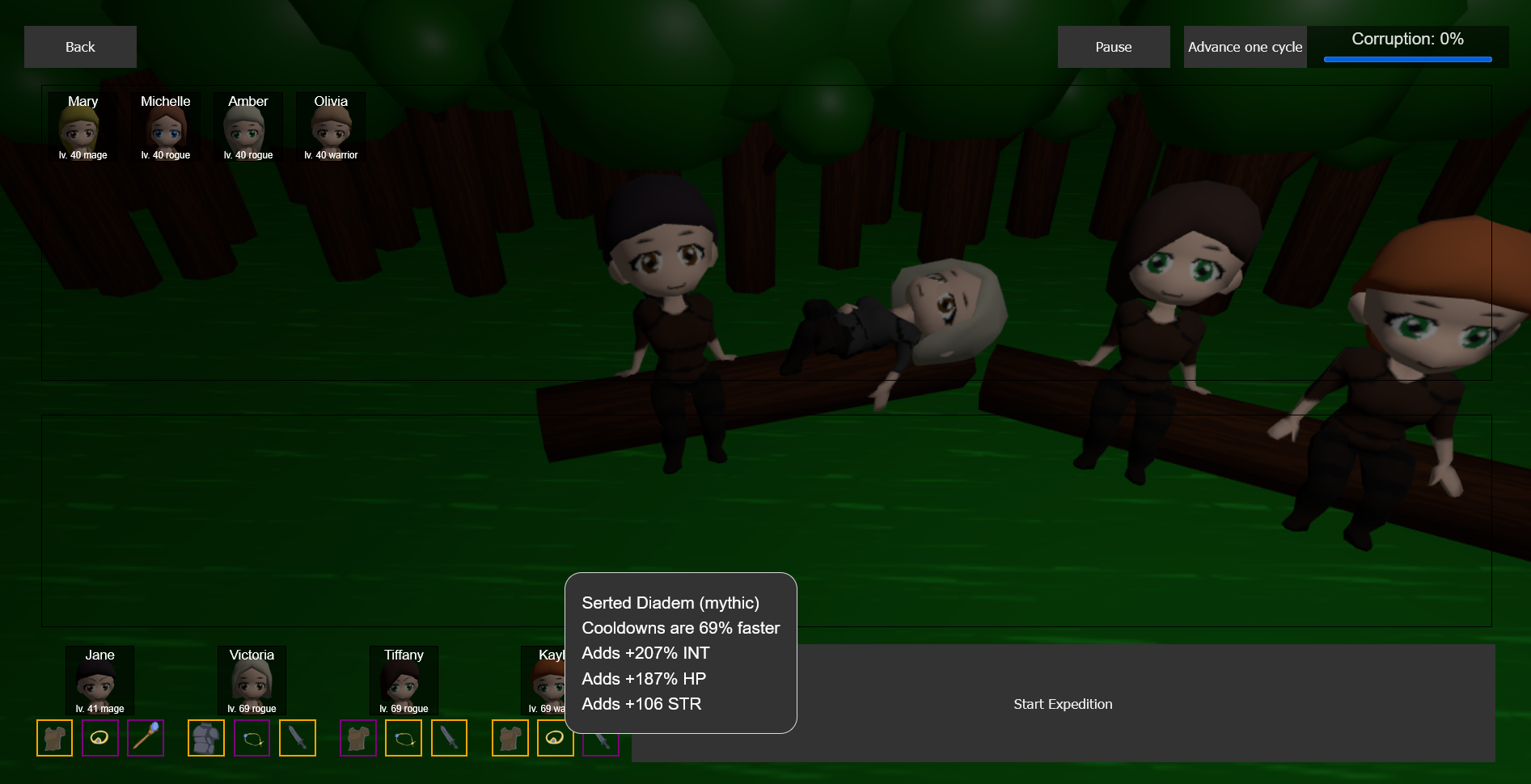 Screenshot of the new 3D version of Adventurer's Journey, showing the team getting ready for an expedition. They are all equipped with epic (purple) and mythic (orange) items, with the mouse hovered over an orange diadem and showing a popup indicating the increased stats