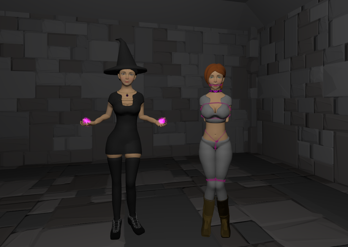 Image of Project Mirabelle showing two characters, one character with a black dress casting a spell, and a second character tied with ethereal rope