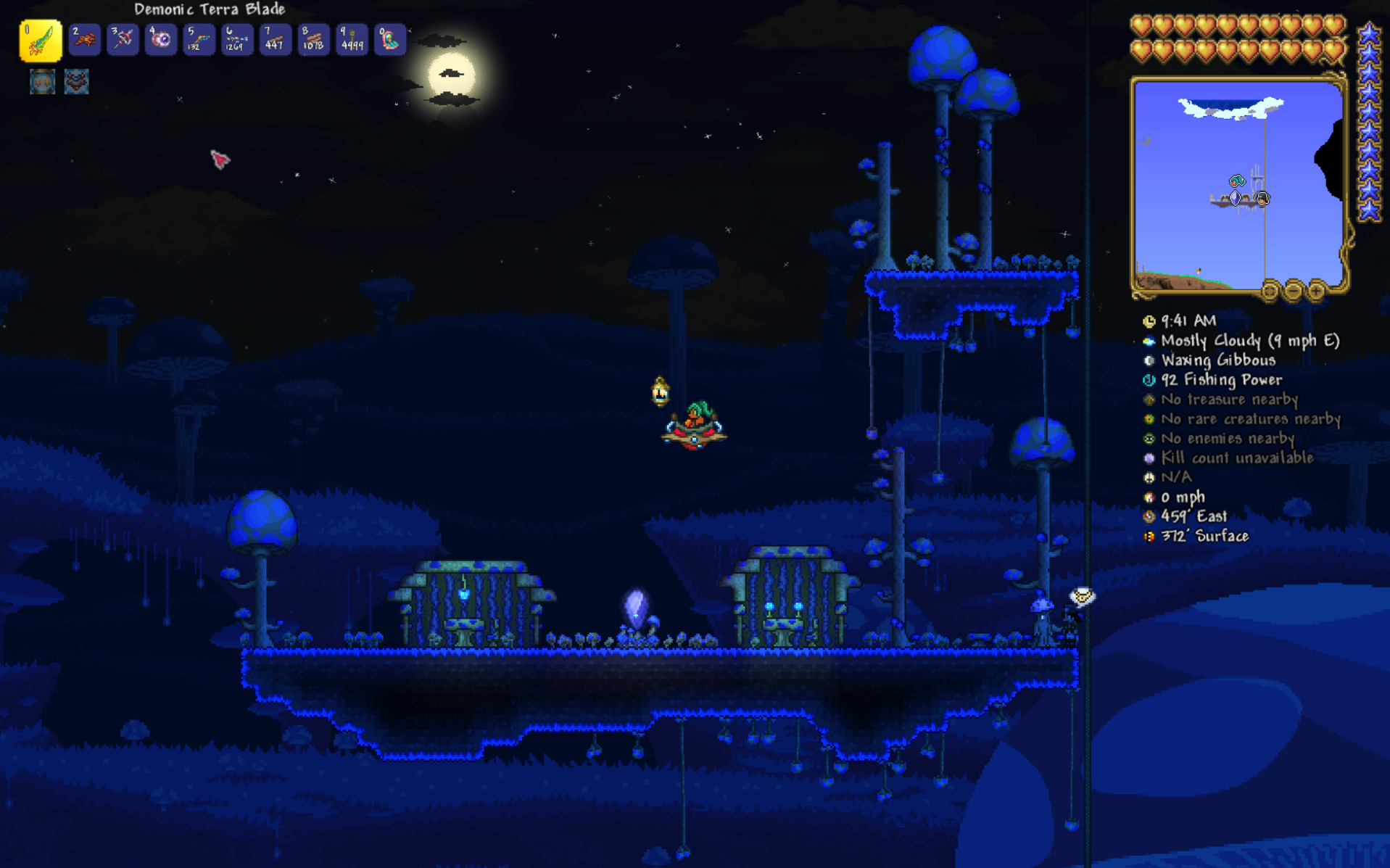 Screenshot of Terraria, showcasing my character on a flying saucer in an overworld mushroom biome. I have a shellphone and the terra blade