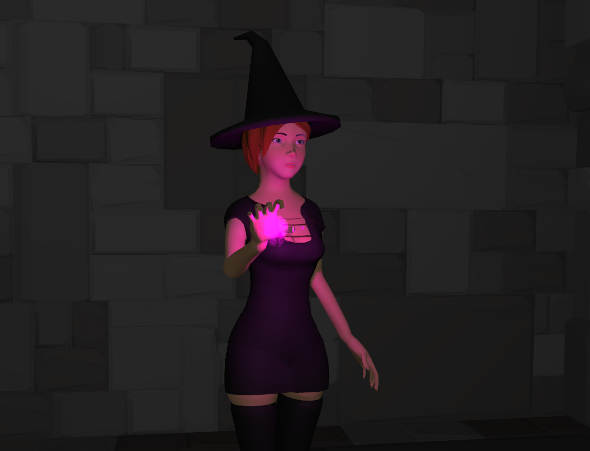 Image of Project Mirabelle showing the player character in a black dress with a semi-open hand held in front of her, with a ball of purple light inside of her hand