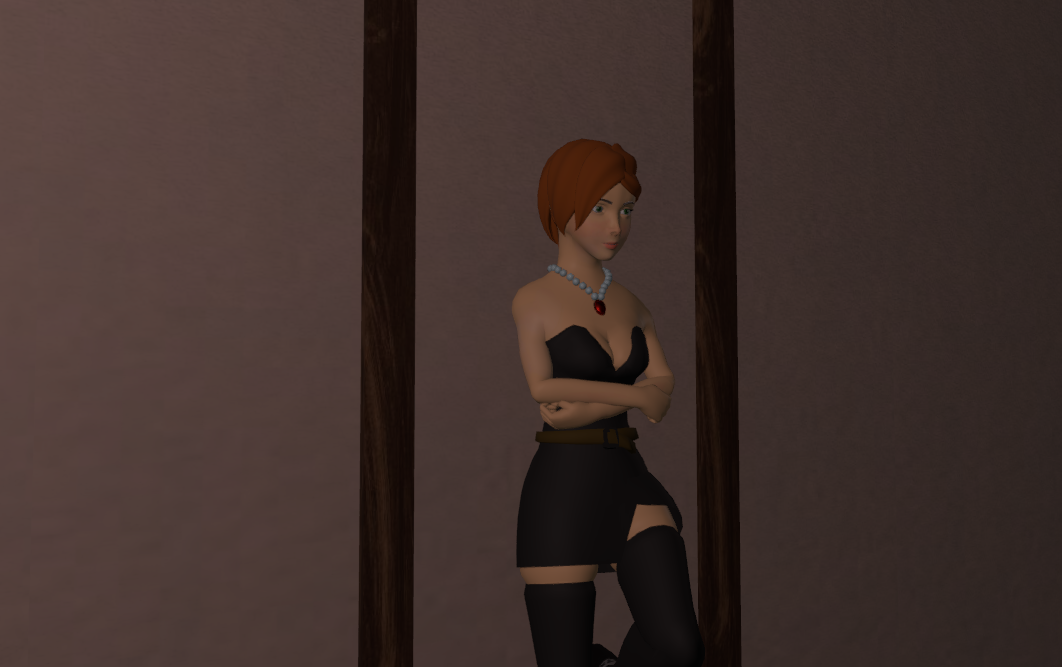 Image of Project Mirabelle showing a character leaning against a wall in a black strapless dress with a plunging neckline