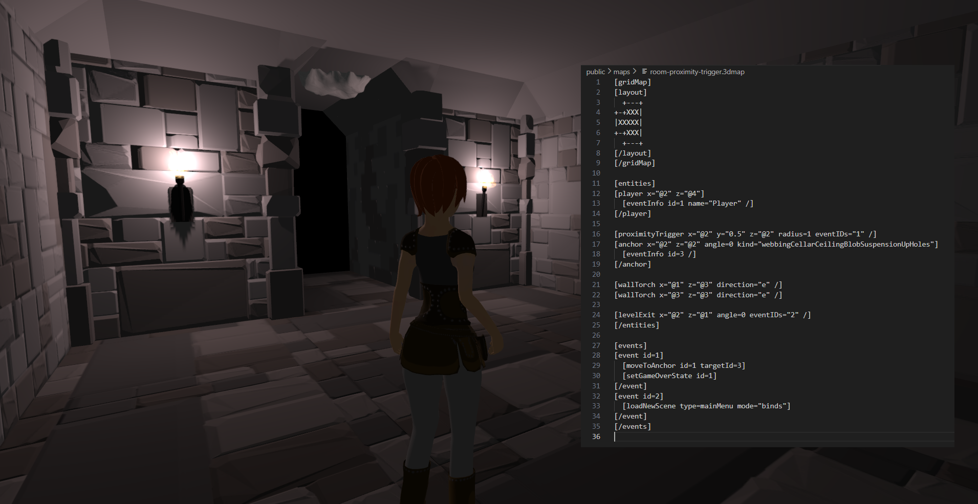 Composite image of a level in the game, and of the level file that represents it