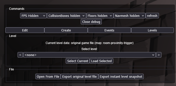 Image of the Project Mirabelle debug panel with the new level open/export option for level files