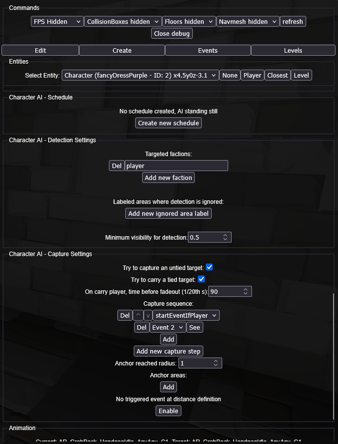Image of the Project Mirabelle debug panel showing the NPC configuration options for scheduling, detection settings, and capture behavior settings