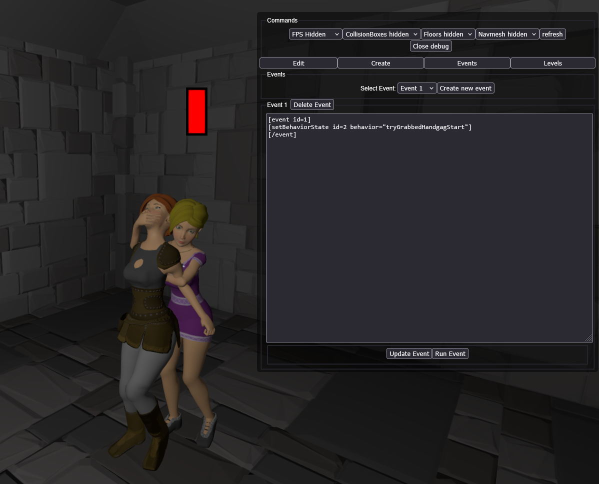 Image of Project Mirabelle showcasing a NPC handgagging the player, with a debug panel open showing the event trigger behavior that allows this to happen
