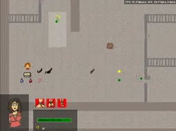 Image from the attempted 2d game engine. It is a simple drawn with various items and enemies, the character has her arms tied as shown through the sprite, portrait, and status effect.