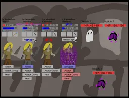 Image from the adventurer journey game. It shows a busy UI with one character partially petrified, and another being trapped in a cage.