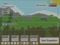 Image from the adventurer journey game. It shows the UI for the expedition planifier screen, with four characters fully equiped and a fifth one displayed as available.