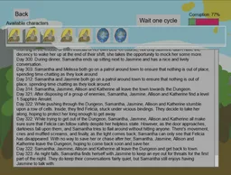 Image from the adventurer journey game. It shows the UI for the backstory, written text all over the screen describing the day-to-day journaling of the procedurally-generated game character Samantha.