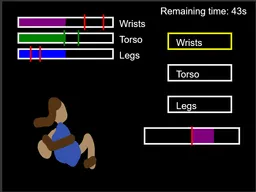 Image from the attempted escape minigame. It shows a busy UI with one character partially petrified, and another being trapped in a cage.