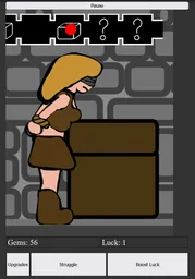 Image from the bondage clicker game showing the character, wrists and legs tied up, leaning against a chest to open it.