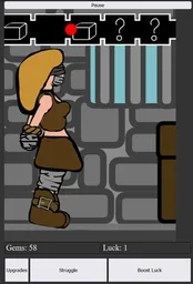 Image from the bondage clicker game showing the character with all options tied in various ways, with a different hair color and wearing clothes with a different color. The only remaining option is to struggle out of the leather straps around her arms, all other options showing 'unavailable'. The struggle bar is partly filled, and there is a faint 'mmph' text near her mouth.