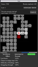 Image from the bondage idler game showingthe basic UI of the game, with the explored map and some indicators about loot being available and the character being tied up.
