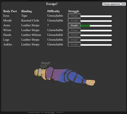Image from the bondage idler game showing the character with all options tied in various ways, with a different hair color and wearing clothes with a different color. The only remaining option is to struggle out of the leather straps around her arms, all other options showing 'unavailable'. The struggle bar is partly filled, and there is a faint 'mmph' text near her mouth.