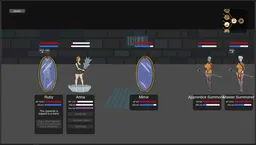 Image from the lychee project game showing two characters in a fight against two summoners and a summoned mirror. One character is already trapped in a magic mirror, the other is casting a healing spell.