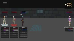Image from the lychee project game showing three characters in a fight against a sorceress. One of the characters is tied up in magic bindings.