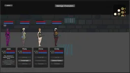 Image from the lychee project game showing four characters idling. One character is trapped in a cursed armor.