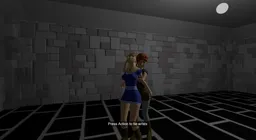 Image from the project mirabelle game showing the protagonist with tied wrists looking at another character tied to a wooden stock on the wall.