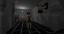 Image from the project mirabelle game showing the protagonist carrying another character who has their arms tied.