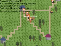 Image from the Strand-type DiD game showing the main character and a couple of NPCs captured. There is an indication for the player to use the arrows key to struggle out.