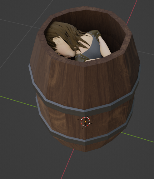 Image of the barrel opened, with the character's head visible inside, in Blender