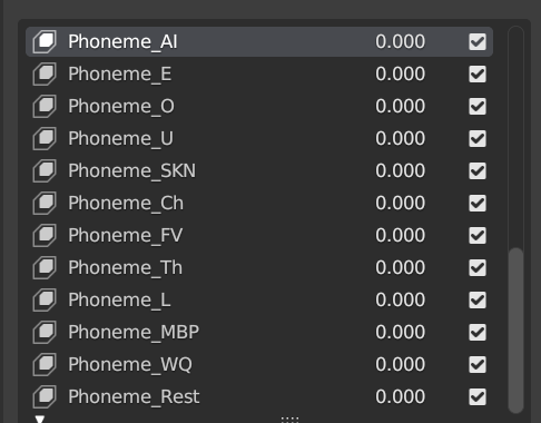 Screenshot of the Blender interface showing the shape keys used for lip movements