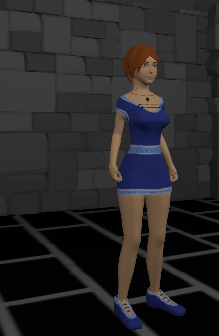 Image of a character in a blue dress wearning blue 