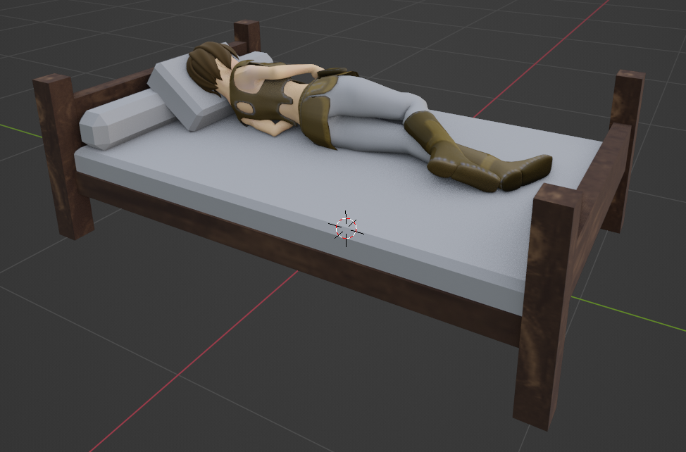 Image of a character laying on a bed, in Blender