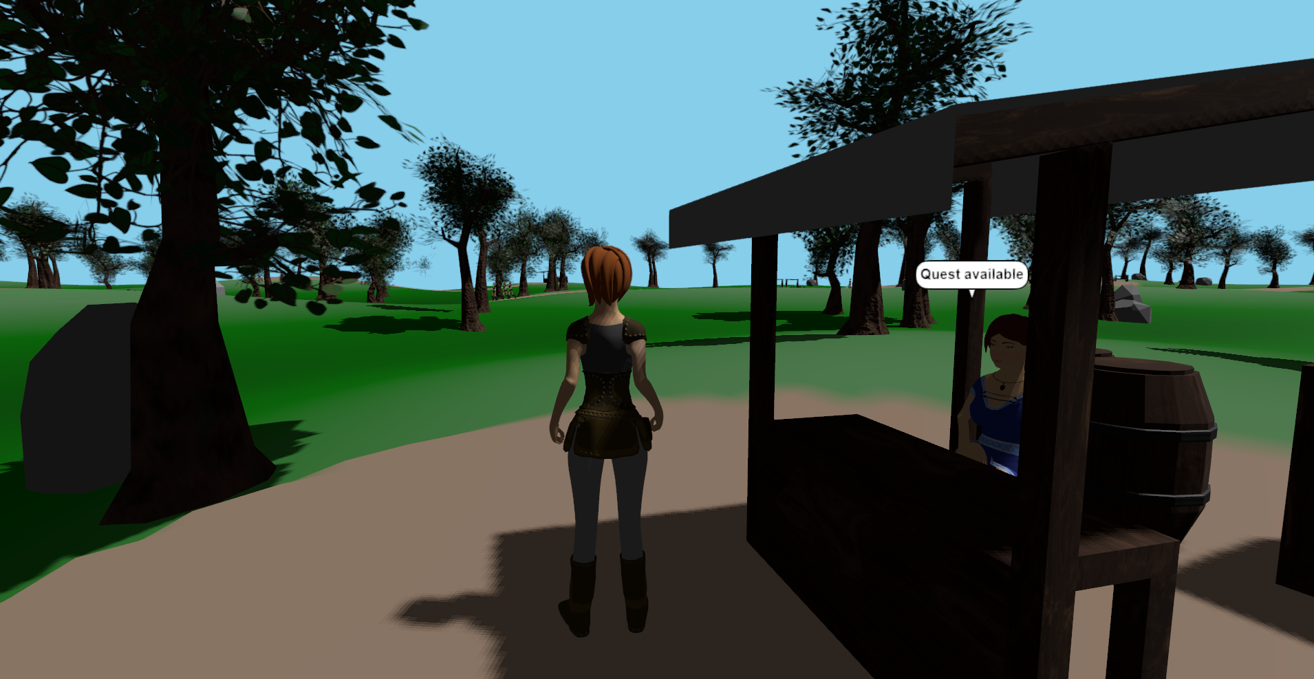 An image of the new outdoors area, with a stall where a NPC has a 'new quest' speech bubble above her head