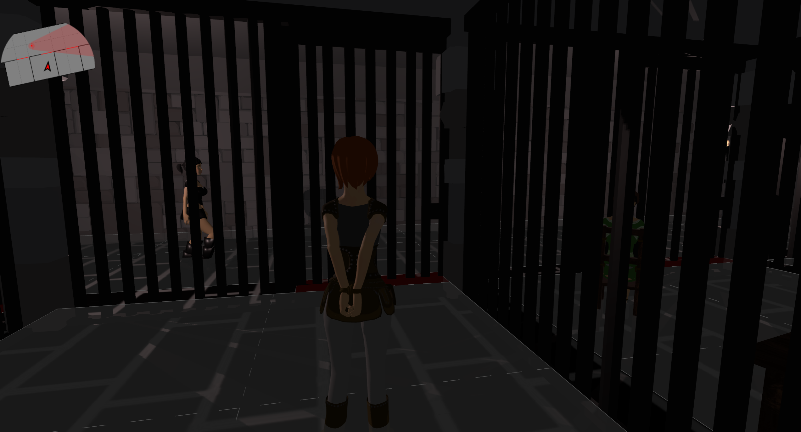 Image of a character standing in a prison, with a debug overlay of the navigation mesh for the NPCs visible on the ground