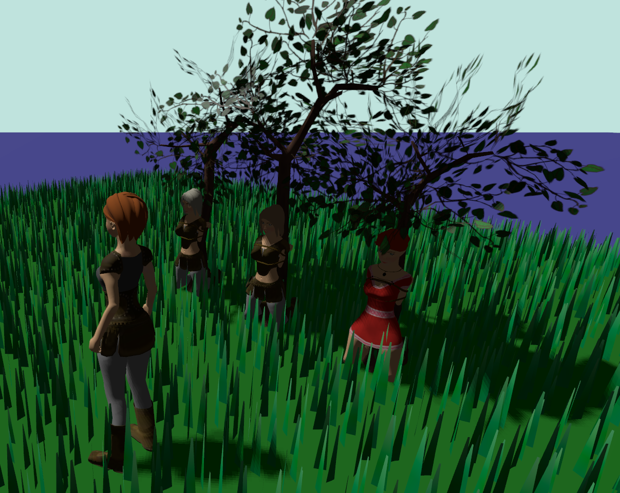 Image of three characters tied to small trees and kneeling on the ground