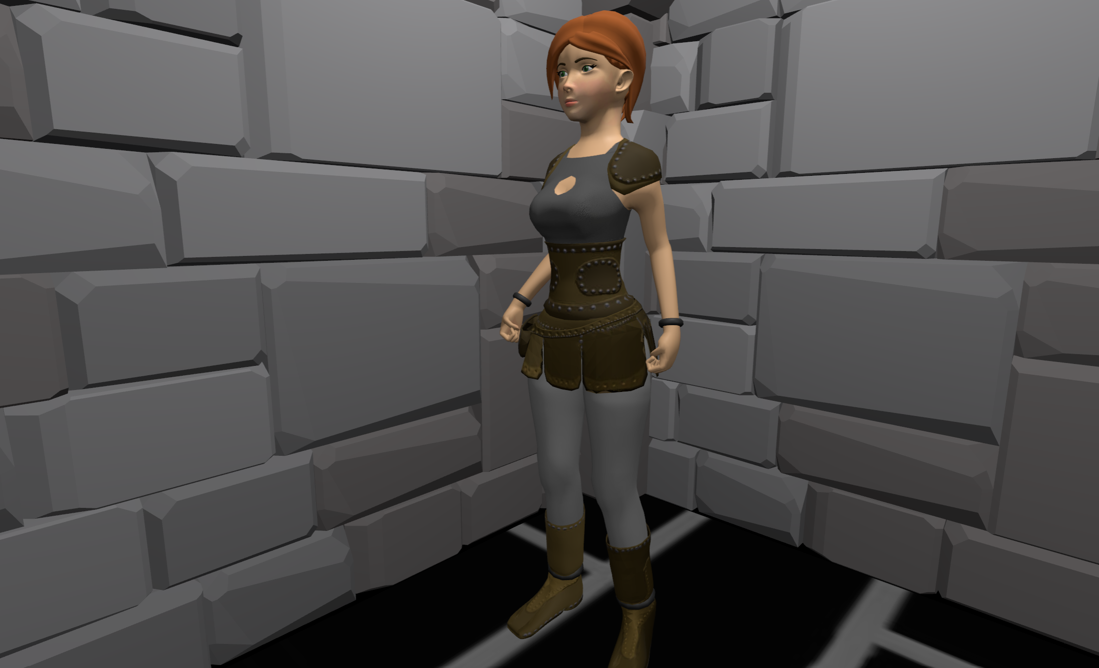 Image of a character standing with small metal rings around her wrists and ankles