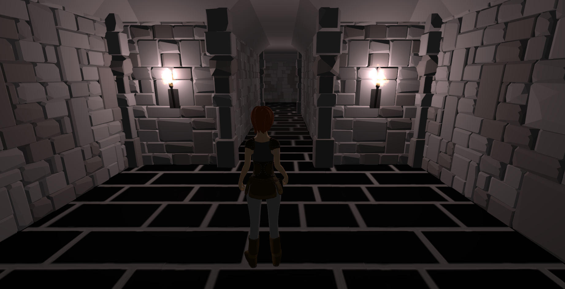 Image of a character standing in a room with two torches on the wall