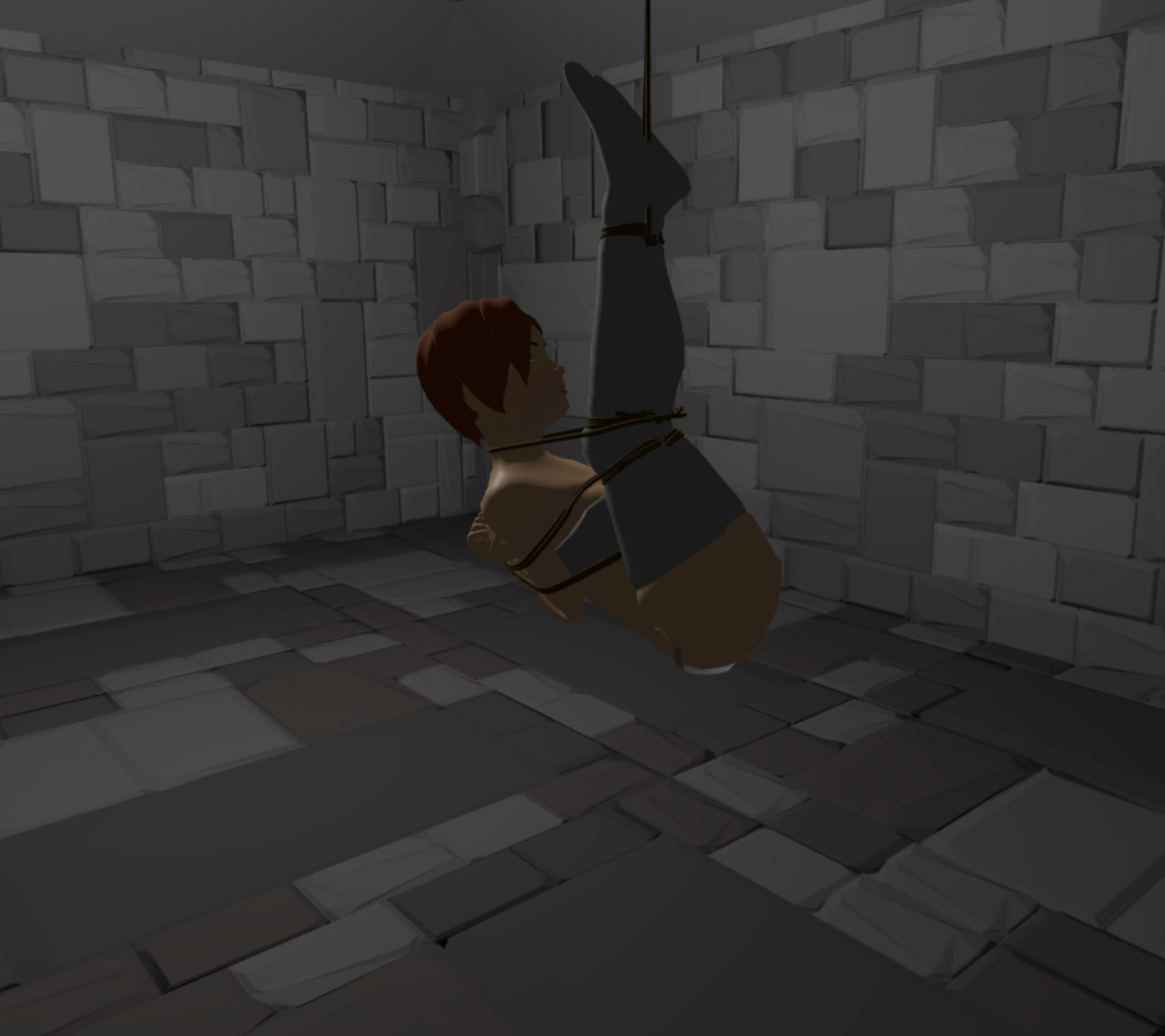 Image of a character being suspended upside down but in a folded pose