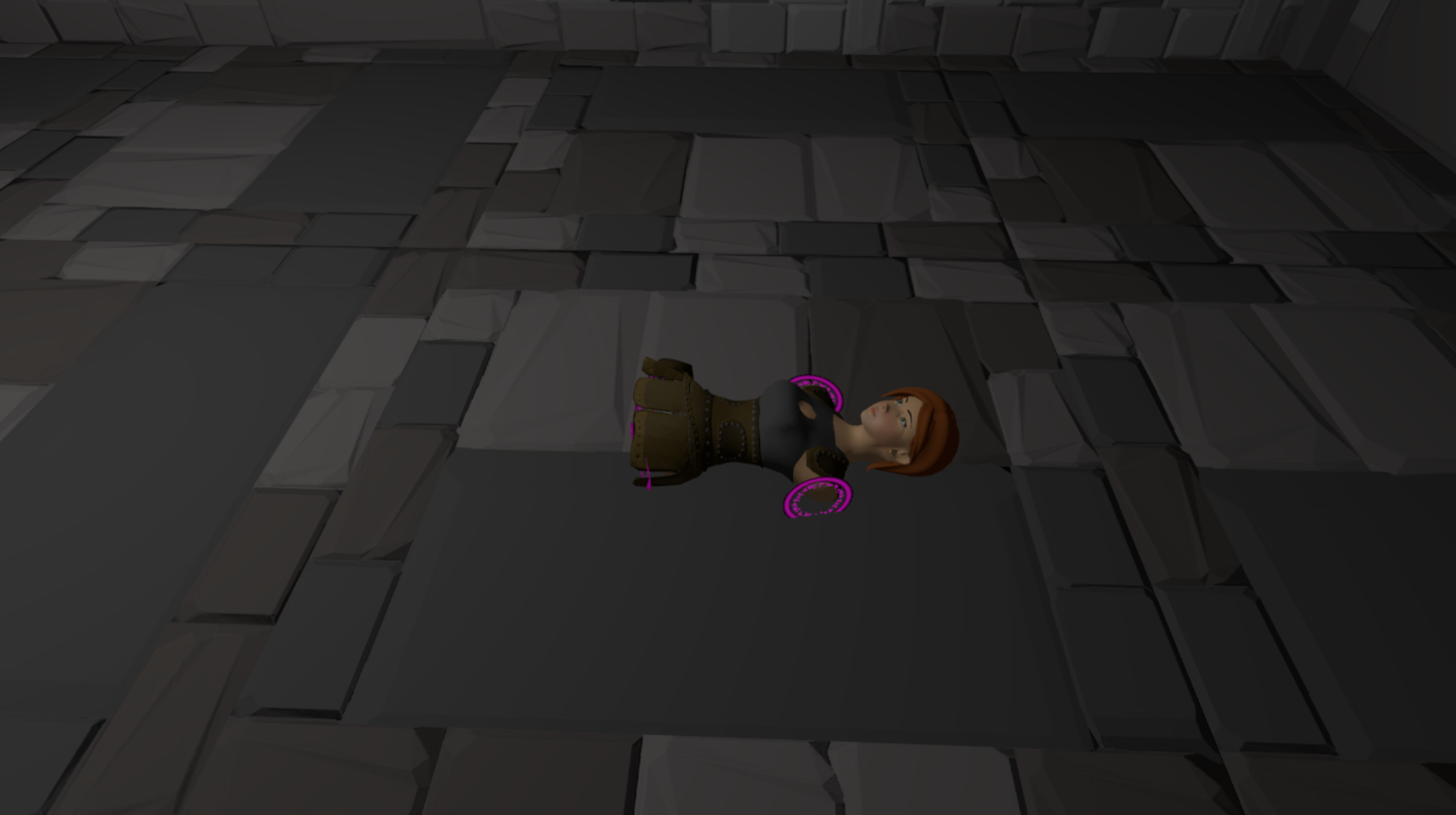 Image of the character stuck on the ground, she doesn't have limbs and there is magic circles floating near her stubs
