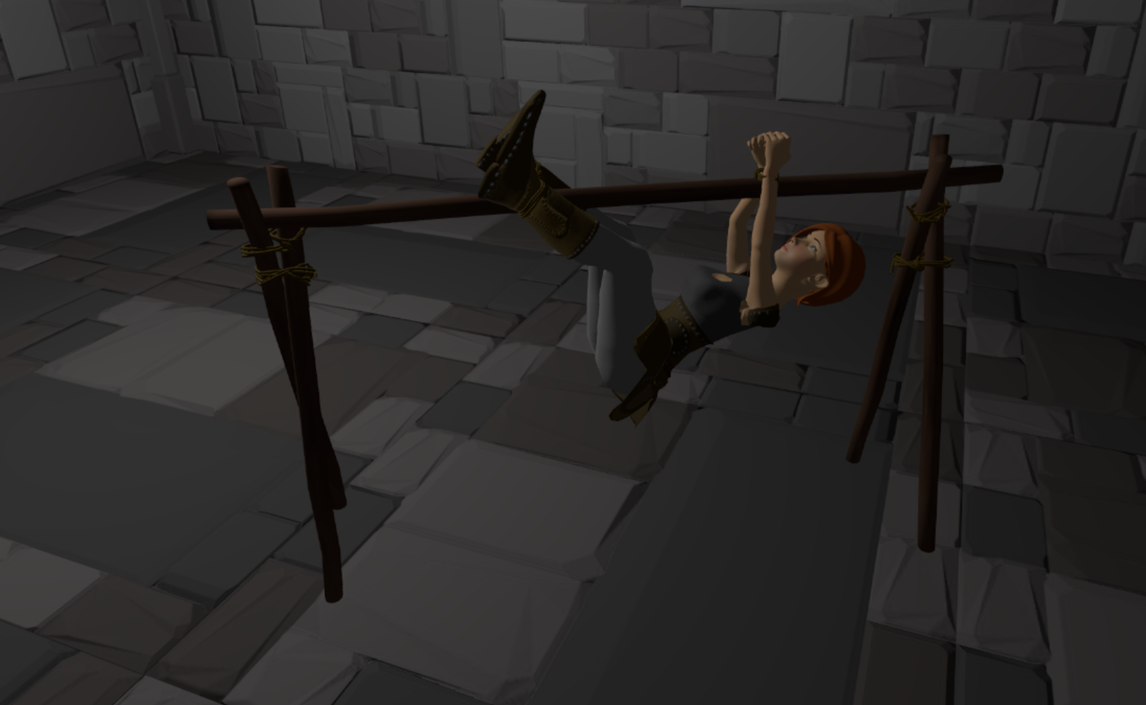 Image of the character being suspended from her wrists and ankles to a branch