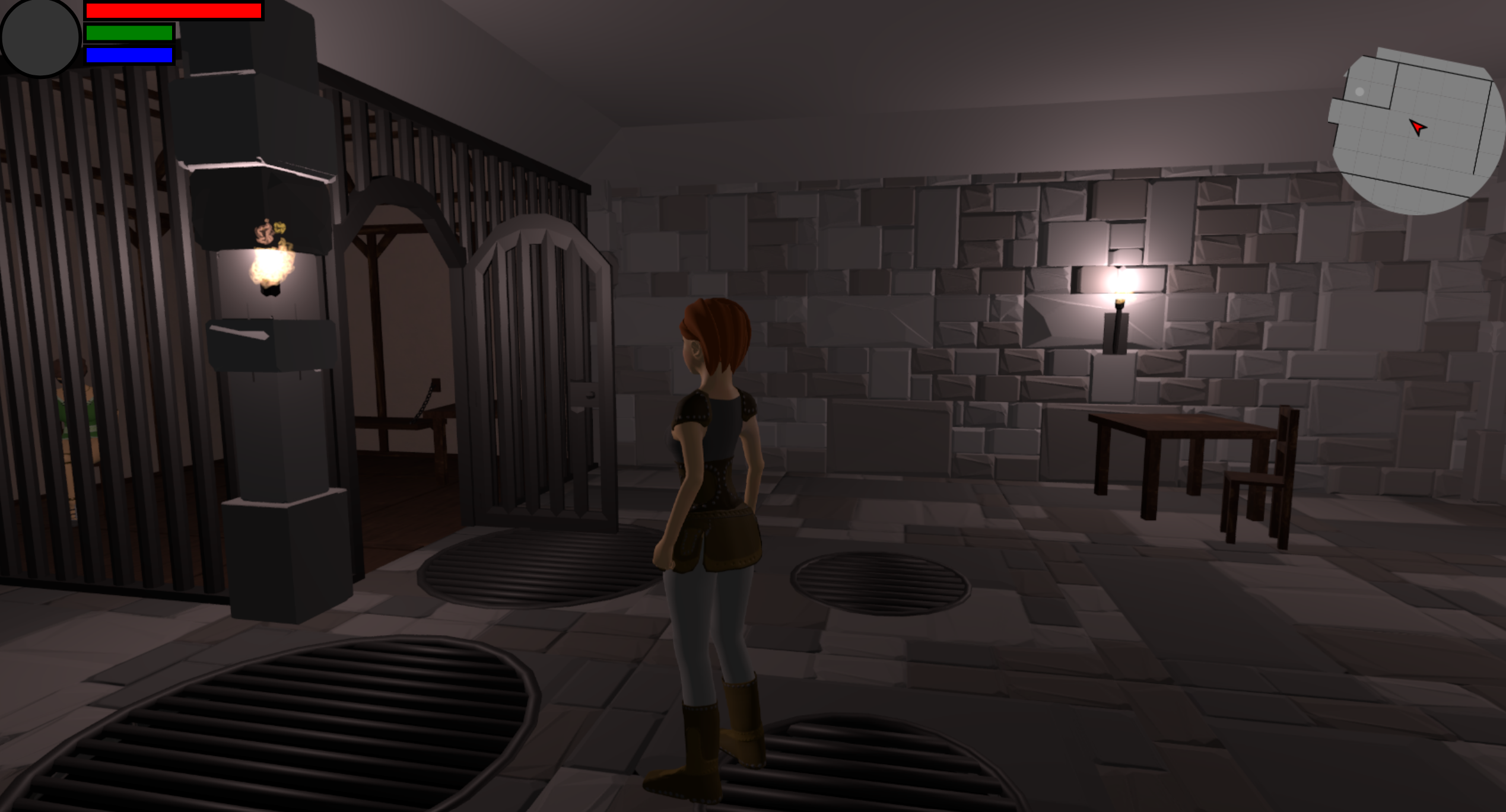 Image of the character standing in a stone room, with a prison on the side. The prison has an open, rounded door.