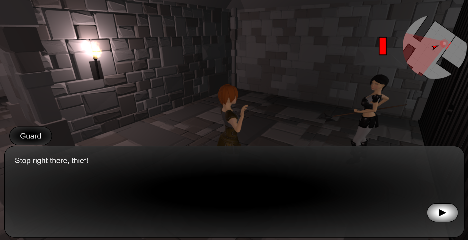Image of the player being pointed a hallberd by by a character asking them to stop. The player is raising her hands in the air.