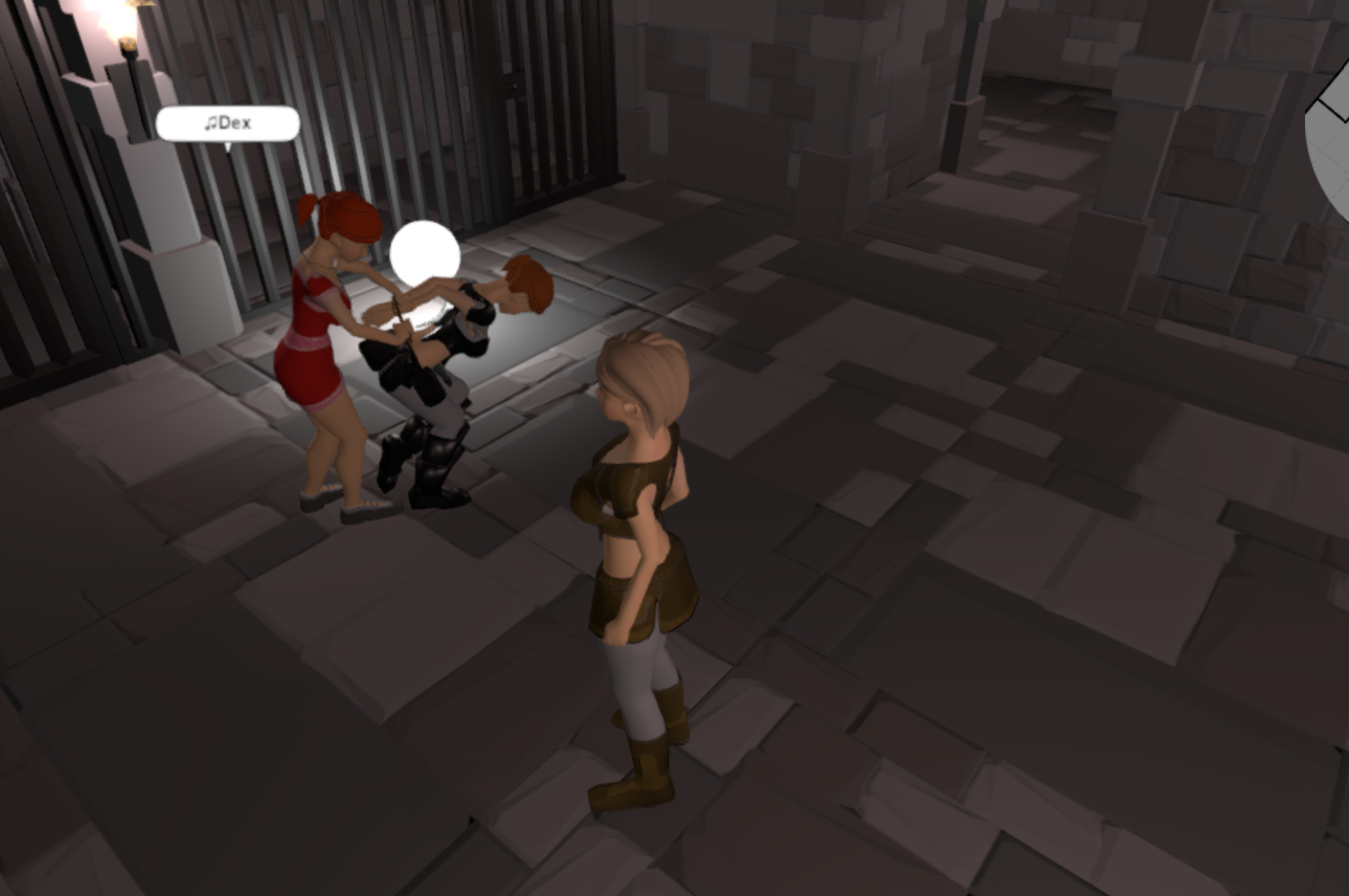 Image of a player watching another player tying up a NPC