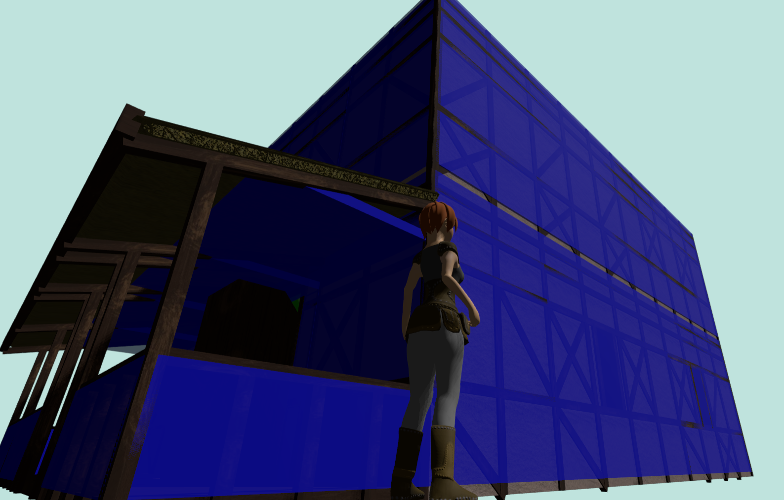 Image of the house with blue boxes all around the walls and ceilings, showing the collision boxes